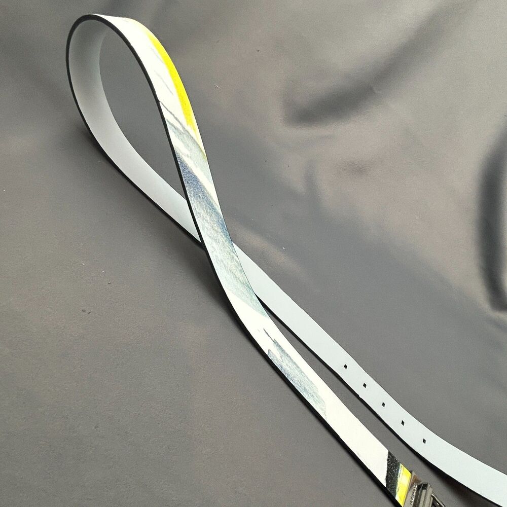Calvin Klein Leather 1.25" White Yellow Graphic Belt Size L Silver Tone Buckle - Picture 6 of 16